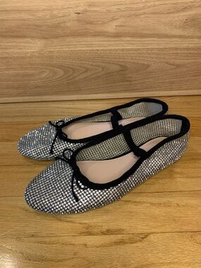 Loeffler Randall Leonie Crystal Mesh Mary Jane Flats in Silver - Size 8.5